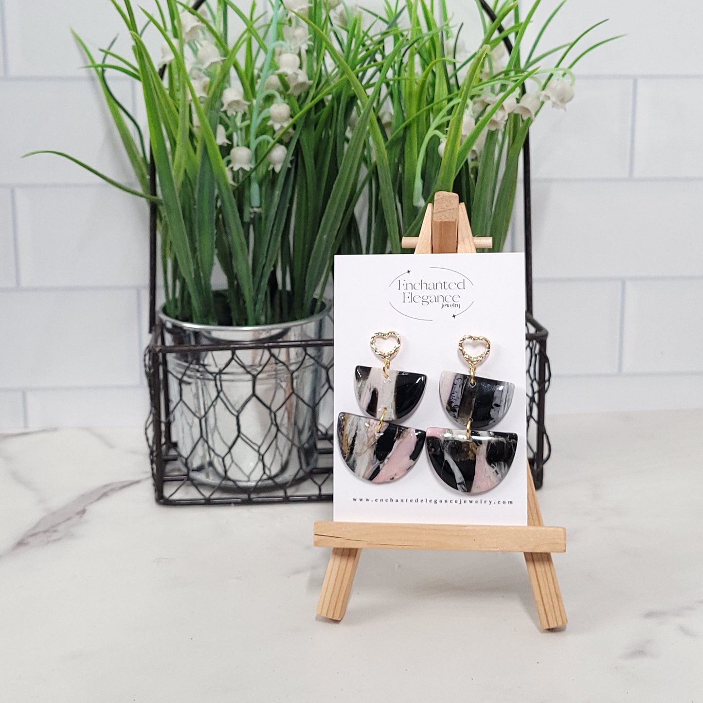 Pink and Black Quartz Clay Earrings