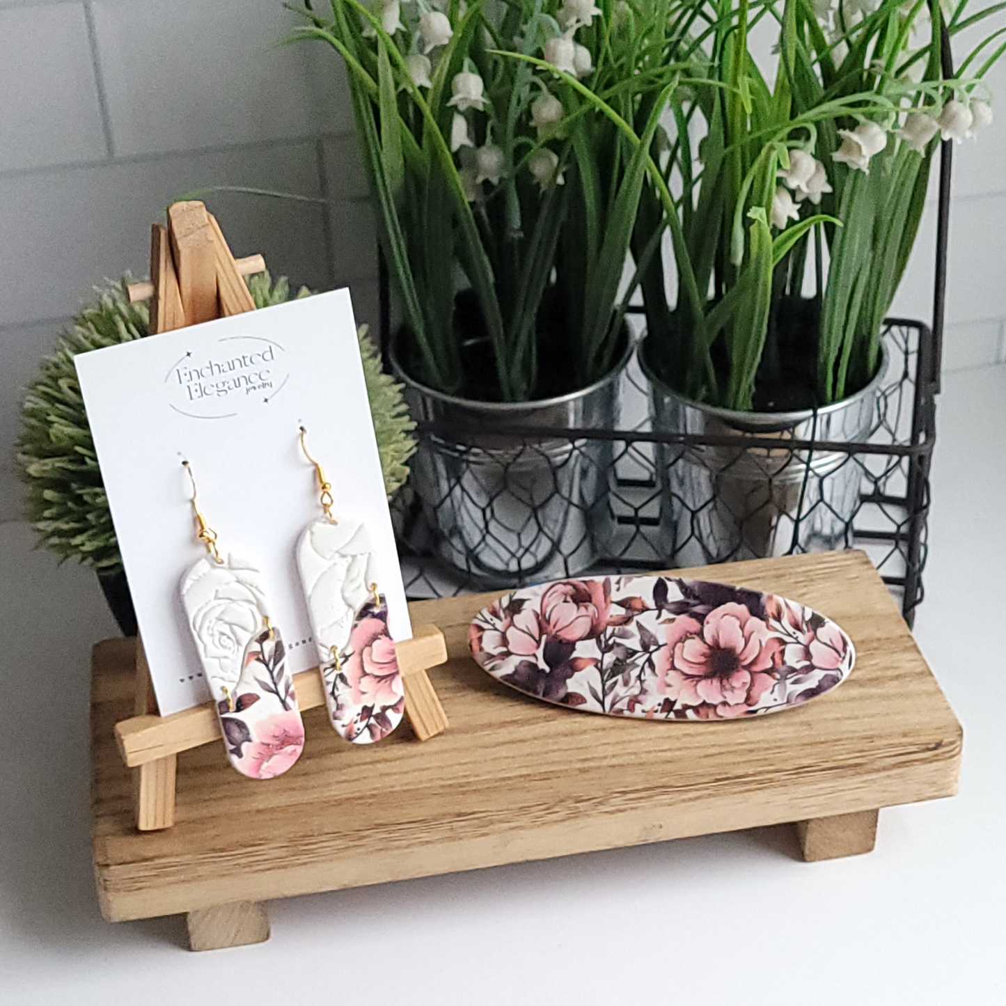 Pink Floral Embossed Earrings and Barrette Jewelry Set