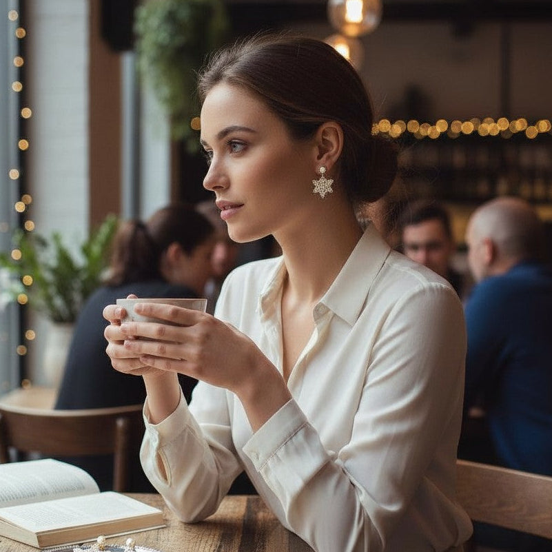 Pearl and Gold Snowflake Clay Earrings