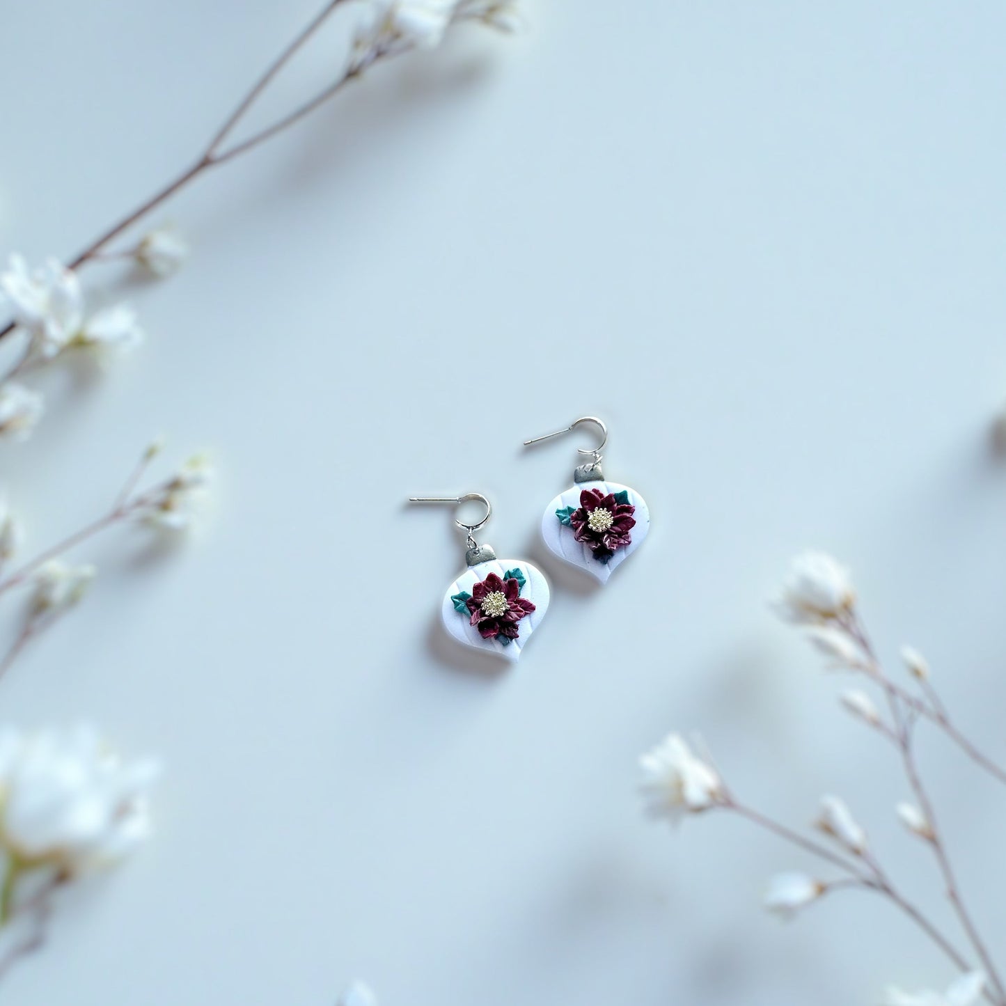 Poinsettia Ornament Dangle Clay Earrings