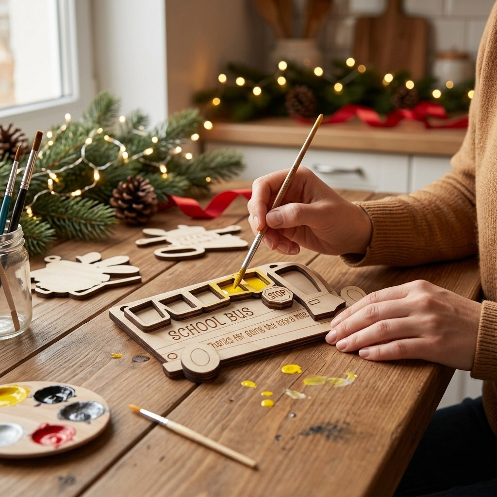 Unfinished wooden school bus Christmas ornament kit with thanks for going the extra mile engraving