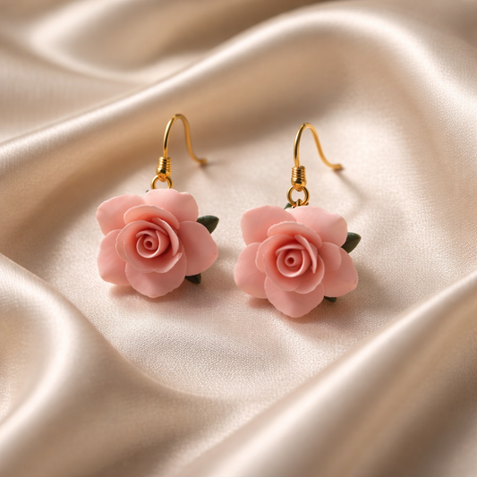 Enchanted Elegance Jewelry handmade rose clay dangles, earthy boho floral earrings for spring outfits, small-batch artisan jewelry.