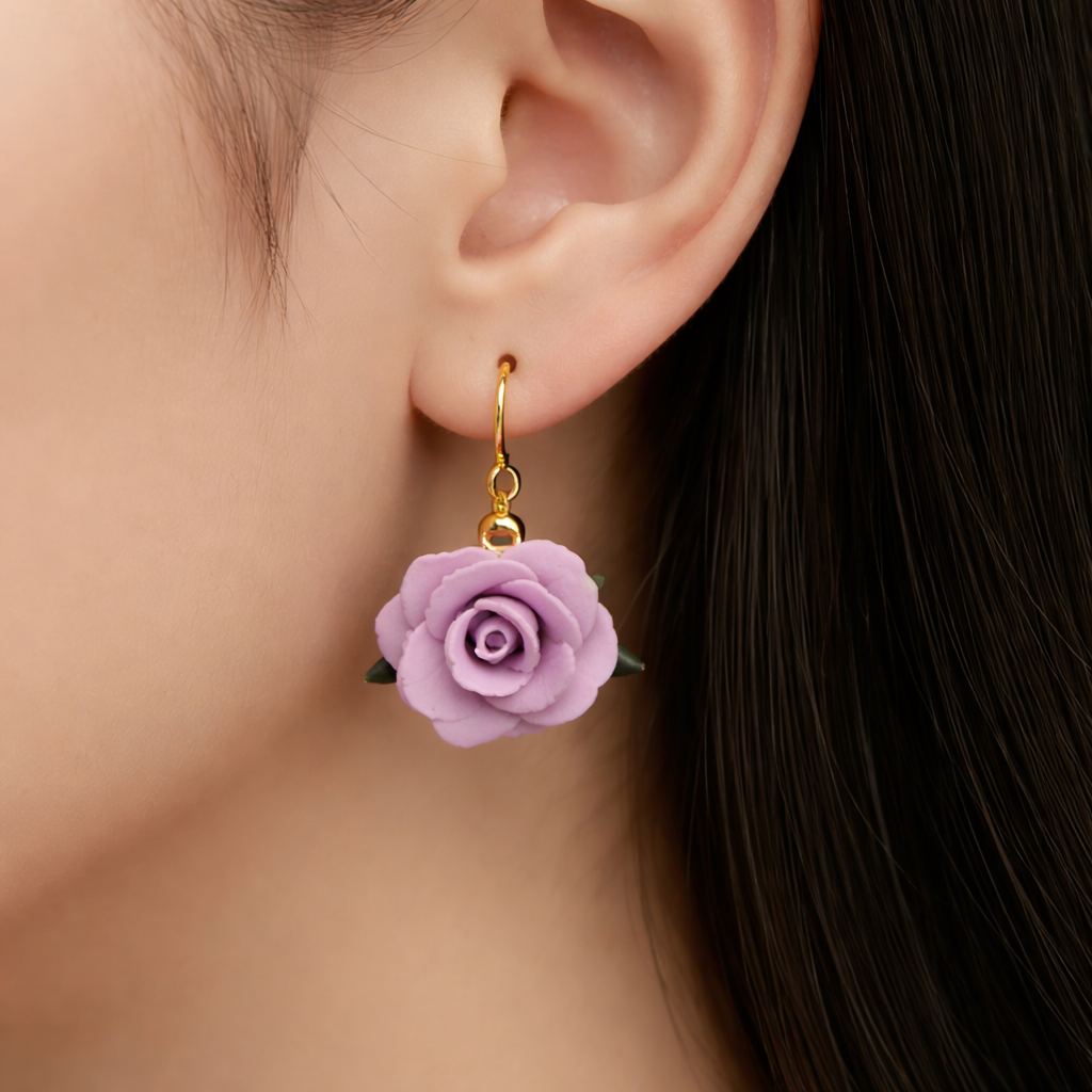 Enchanted Elegance lilac floral clay dangles, handmade boho wedding jewelry, spring cottagecore earrings for women.