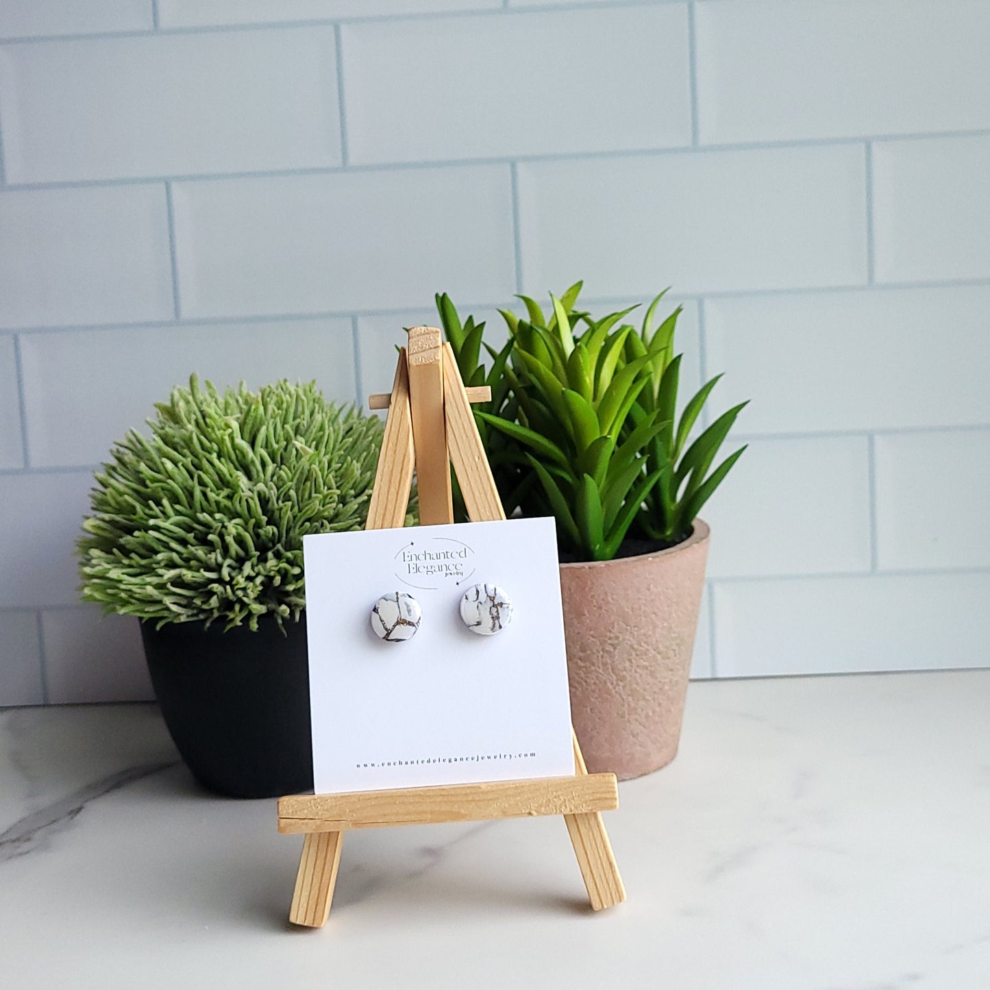 White Marble and Gold Stud Earrings