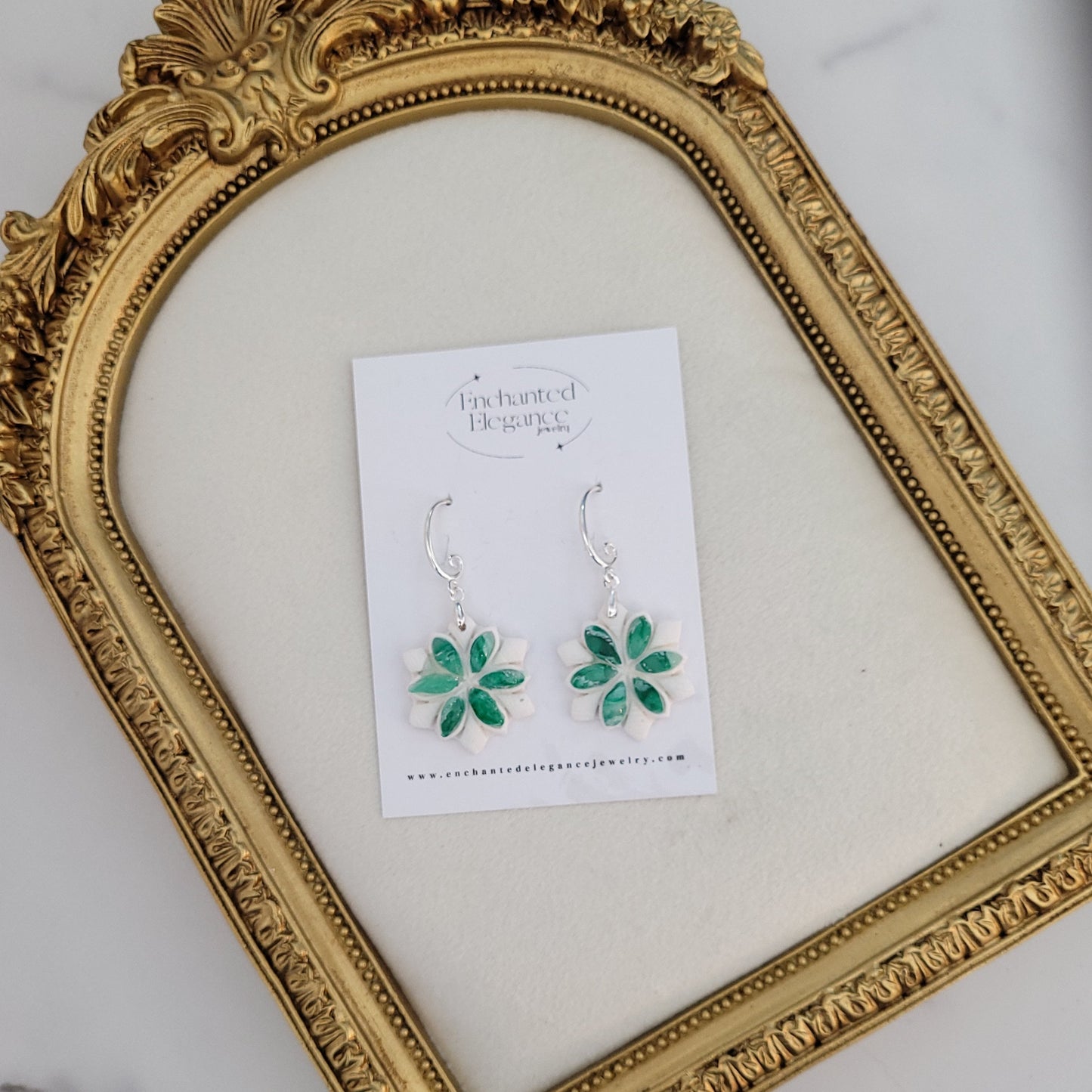 Green Snowflake Dangle Earrings