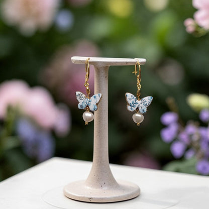 Blue and White Butterfly Pearl Earrings - Handmade Chinoiserie Clay Dangles