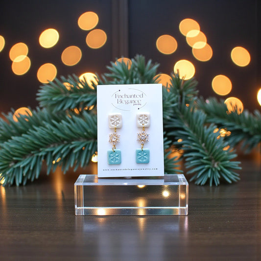 Pearl and Blue Snowflake Clay Earrings