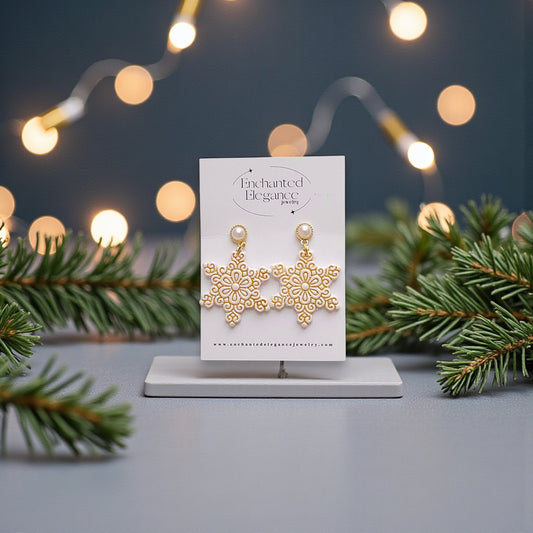 Pearl and Gold Snowflake Clay Earrings