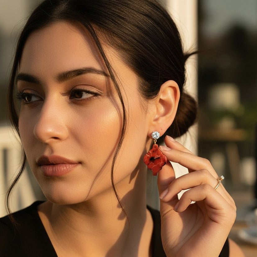 Red Marbled Ornament Clay Earrings