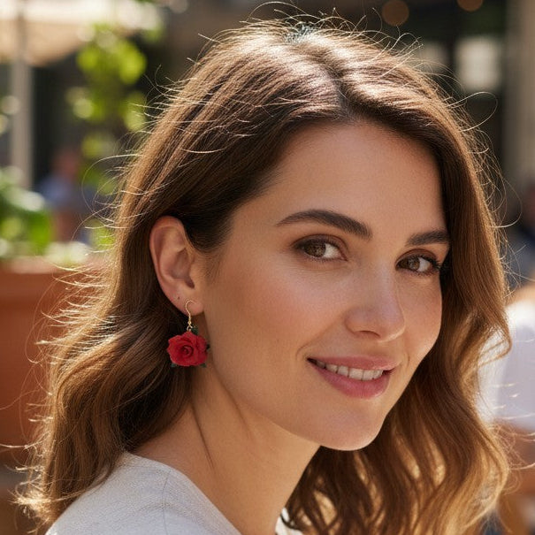 Enchanted Elegance red floral statement earrings, handmade botanical clay jewelry, romantic boho red rose dangles for special occasions