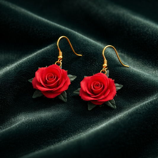 Hand-sculpted vibrant red polymer clay rose earrings with green leaves on gold hooks, displayed on dark emerald green velvet fabric.
