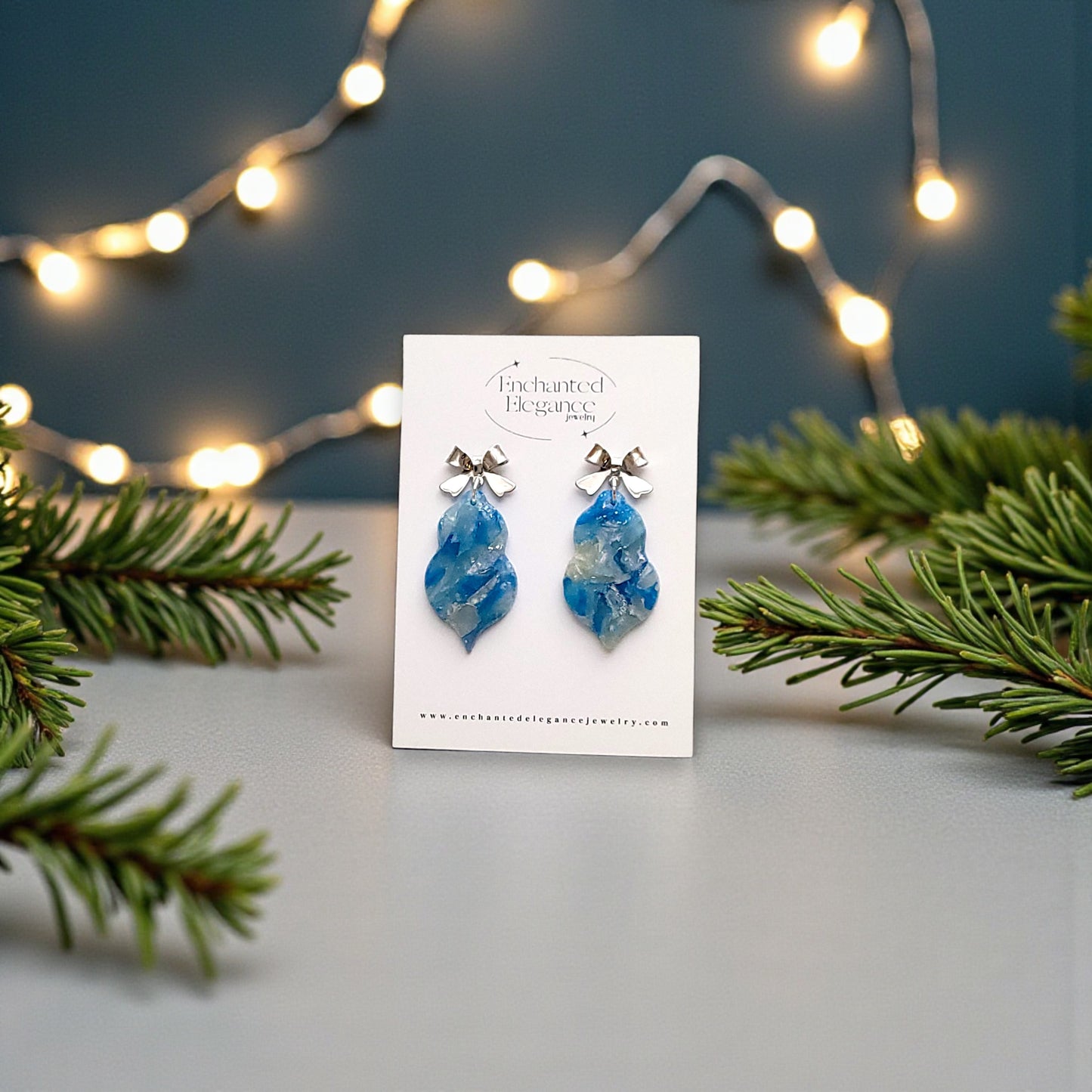 Blue and Silver Ornament Dangle Clay Earrings