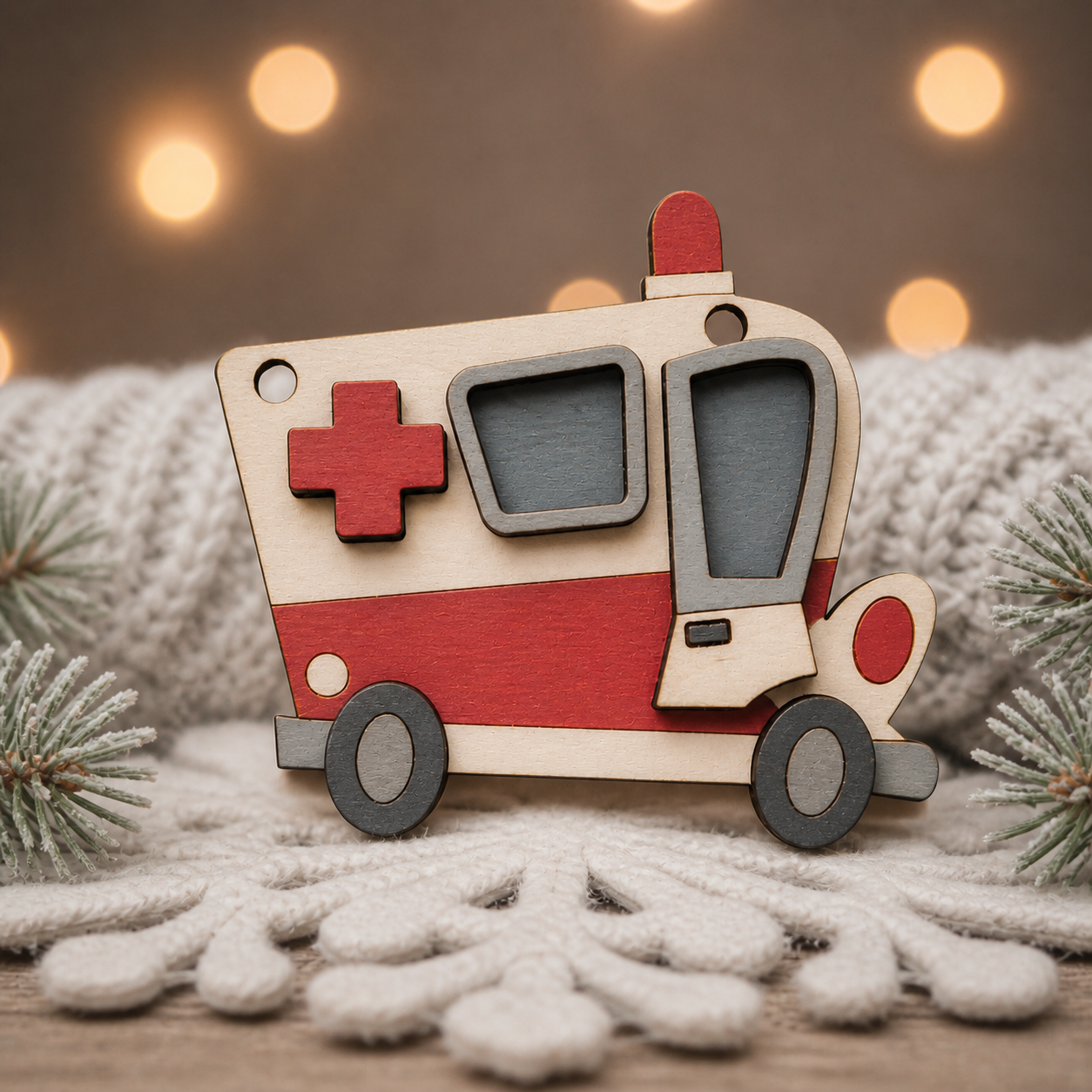 Ambulance Wooden Ornament Blank: Laser Cut Maple Wood Christmas Tree Ornament Craft Kit