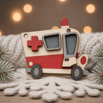 Ambulance Wooden Ornament Blank: Laser Cut Maple Wood Christmas Tree Ornament Craft Kit