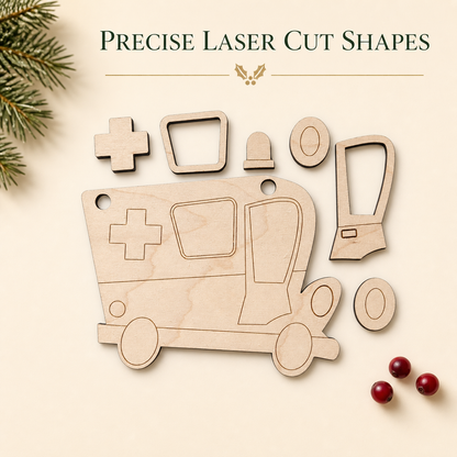 Ambulance Wooden Ornament Blank: Laser Cut Maple Wood Christmas Tree Ornament Craft Kit