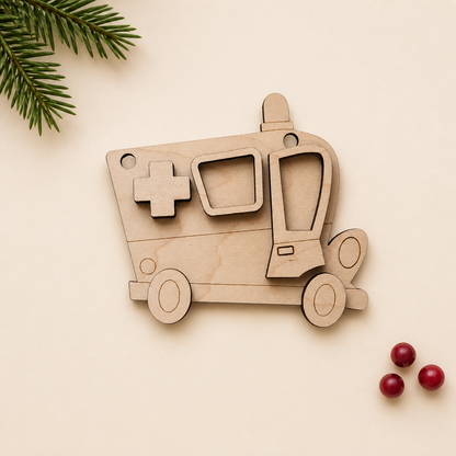 Ambulance Wooden Ornament Blank: Laser Cut Maple Wood Christmas Tree Ornament Craft Kit