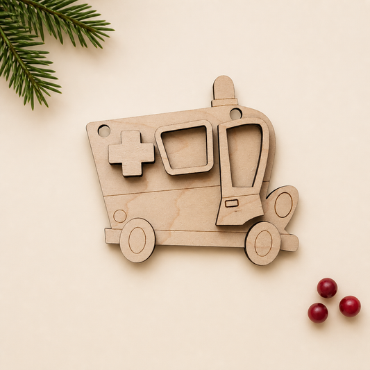 Ambulance Wooden Ornament Blank: Laser Cut Maple Wood Christmas Tree Ornament Craft Kit