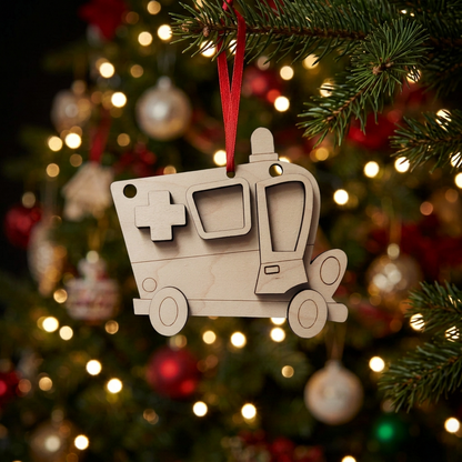 Unfinished wooden ambulance Christmas ornament kit with six layered pieces in natural maple