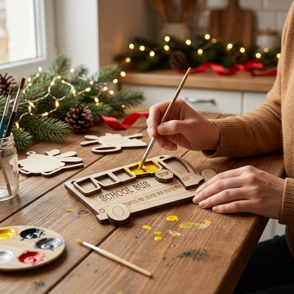 Unfinished wooden school bus Christmas ornament kit with thanks for going the extra mile engraving